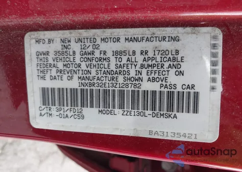 2003 Toyota Corolla S from USA, damaged, VIN 1NXBR32E13Z128782